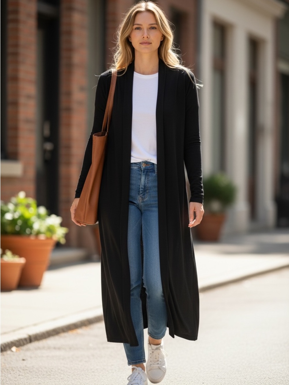0054. NEW Rachel Pally Black Pique Sweater Coat Long Open-Front Duster Cardigan